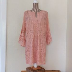 BCBG MaxAzria Catier Pink Lace Slip Shift Dress w Bell Sleeves Size M Like New